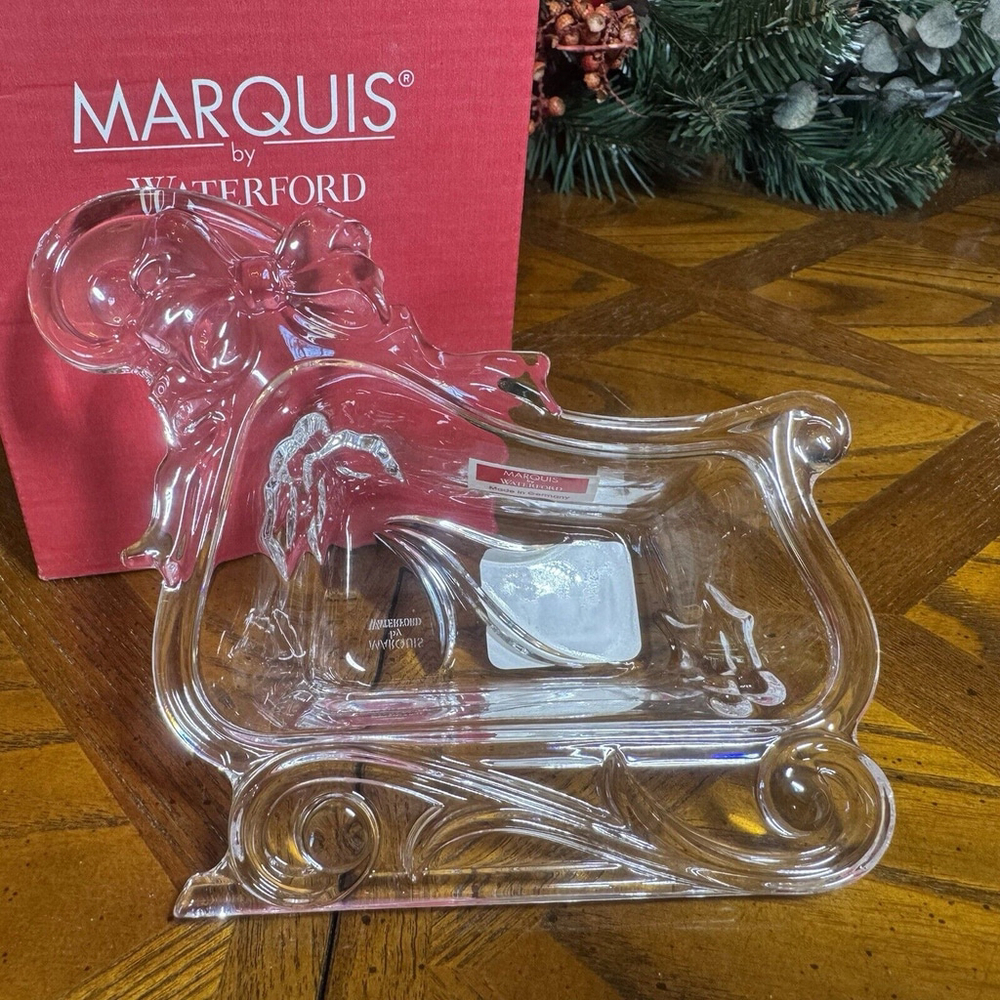 New Waterford Marquis Merry Christmas Lead Crystal Sleigh Candy Dish Germany